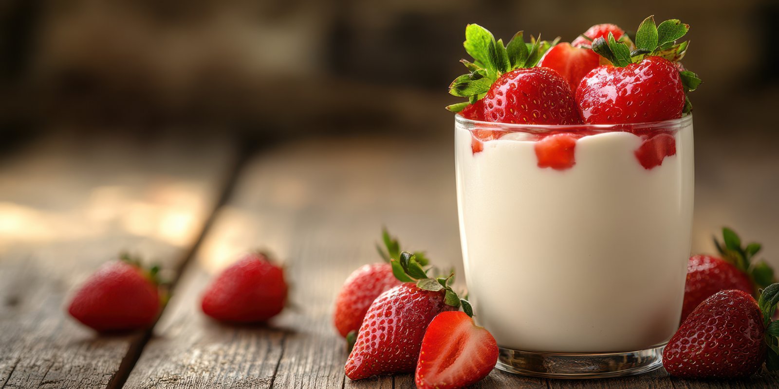 Strawberry dessert in a glass with fresh strawberries on a rustic wooden table at a cozy cafe